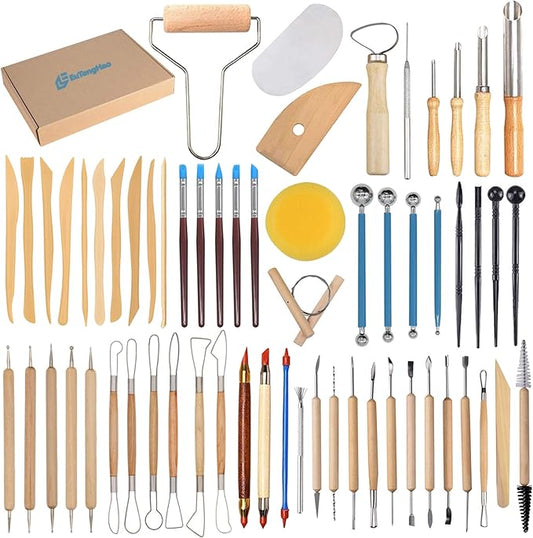 EuTengHao 61Pcs Ceramic Clay Tools Kit Pottery Tools Clay Sculpting Shapers Carving Tool Set Contains Most Essential Wooden Clay Tools for Potters Beginners