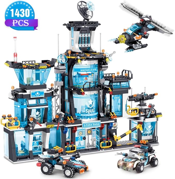MindBox City Police Station Building Set with Police Car & Helicopter,1430pcs Building Block Toy Gift for Boys 8-12