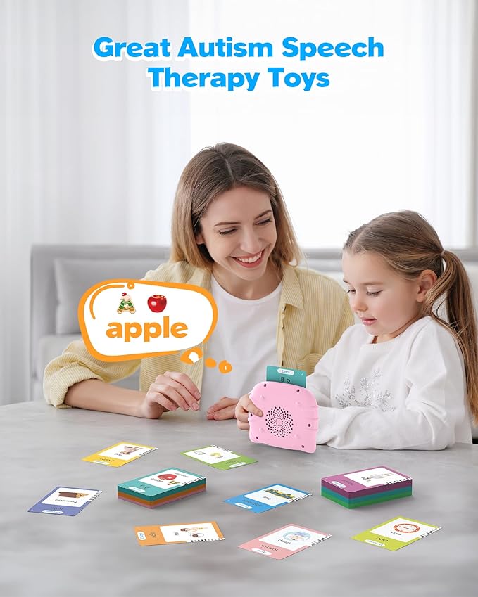 Bilingual Pink Spanish and English Talking Flash Cards, Pocket Speech Therapy Toys with 512 Words, Montessori Language Learning Toys, Autism Toys, Children's Sensory Learning, Birthday Toys