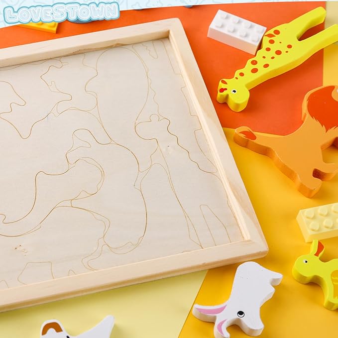 LovesTown 12PCS Wooden Stacking Puzzles, Animal Chunky Jigsaw Puzzles Educational Toys for Kids Gift