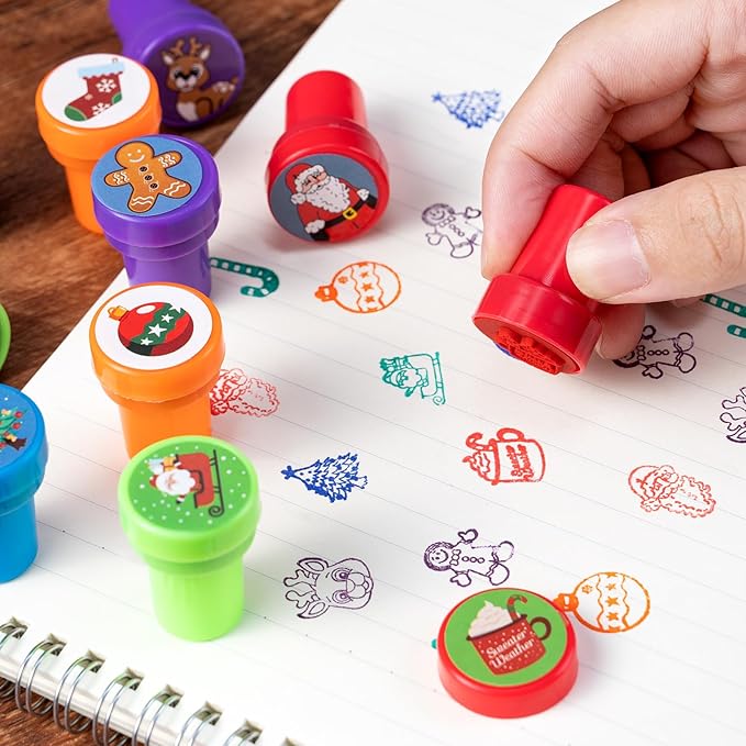 148 Pcs Christmas Party Favors, Glitter Glasses, Pop Fidget Toys Keychain, Make a Face Sticker, Assorted Stamps Self-Ink Stamper, Slap Bracelet, Christmas Sticker, Christmas Toy Gift for Kid