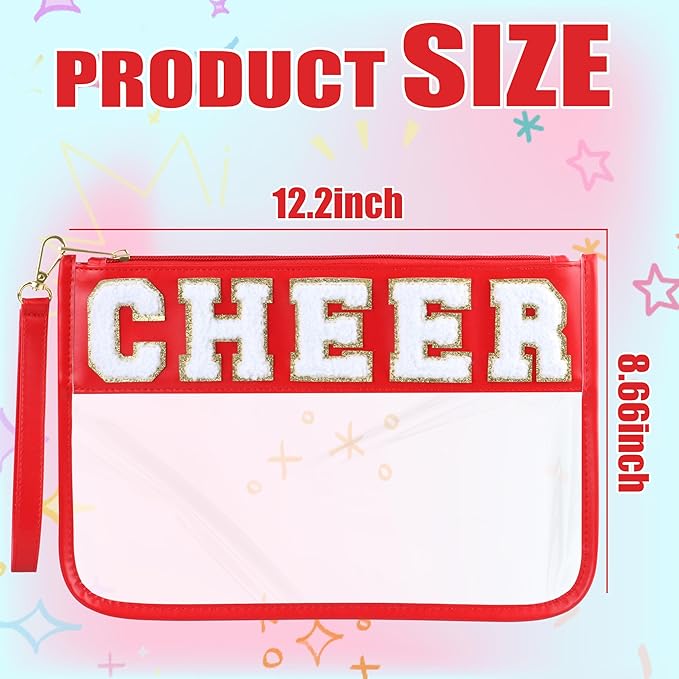 BuyCard Cheer Chenille Letter Bags Clear Makeup Bag, Cheerleader Gifts Cosmetic Bag, Varsity Preppy Patch Flat Pouch Cheer Accessories, Waterproof PVC Organizer Toiletry Bag for Women Girls Red