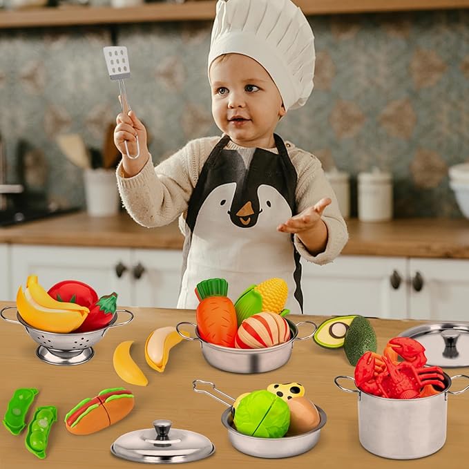 12Pcs Kids Pots and Pans Playset, Pretend Play Kitchen Set Toy Stainless Steel Pots and Pans Cooking Toys Accessories for Kids Toddler Age 3 Years Old