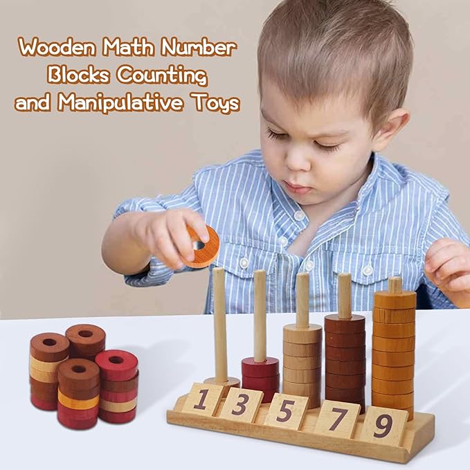 Xylolin Montessori Toys for Toddlers, Wooden Math Number Blocks Counting and Manipulative Toys, Basic Math Game Preschool Learning Educational Materials for Toddlers Kids 2 3 4 5 Years