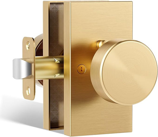 Satin Brass Door Knobs Interior with Lock, Modern Privacy Brushed Gold Brass Door Knob Door Handles Contemporary for Bathroom Bedroom Rectangle