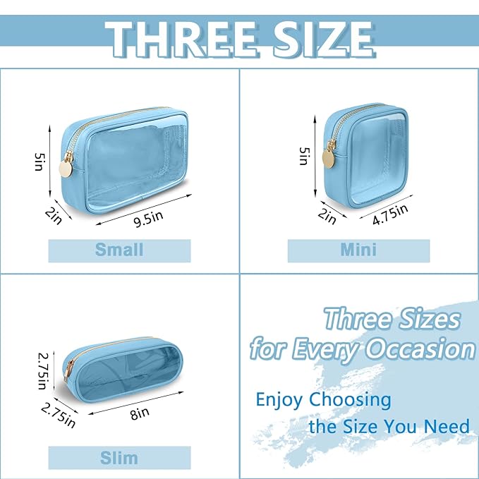 UIXIZQ Clear Small Makeup Bag with Zipper, Nylon&PVC Cosmetic Travel Bag Preppy TSA Approved Toiletry Bag for Women Girls, Transparent Waterproof Makeup Pouches Cute Travel Bag for Purse(Small-Blue)