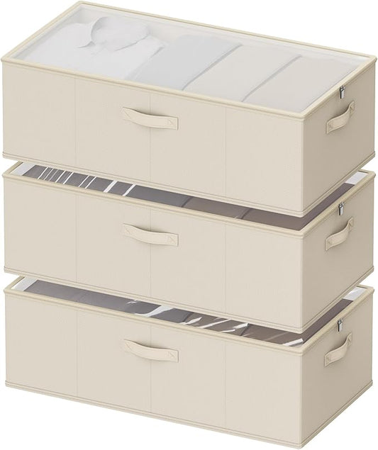 Chizjox 10inch 3 Pack Under Bed Storage Containers, 10 Inch Tall Underbed Clothes Storage Organizer Bin with Clear Window，Foldable Box Basket for Clothes, Closet, Bed Sheets and Blankets Beige