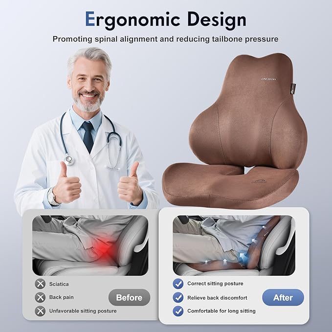 Coverado Memory Foam Car Seat Cushion and Lumbar Support Pillow for Car, Ergonomic Office Chair Cushion for Lower Back Pain Relief, Breathable & Non-Slip for Car, Home, and Office Use, Coffee