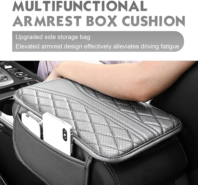 Arwrilt Car Center Console Cover, Leather Automotive Armrest Cushion with 2 Storage Bags, Breathable Armrest Cover, Universal Waterproof Arm Rest Protection Pad for SUV, Sedan, Truck (Gray)