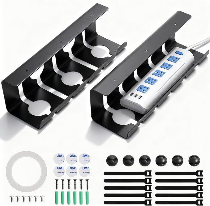 2 Pack Under Desk Cable Management Tray, 16.5" L x 4.7" W x 4.3" H, Wire Organizer for Power Strip, Tape Mount or Screw Mount, Easy Install Cord Raceway for Desk & Home