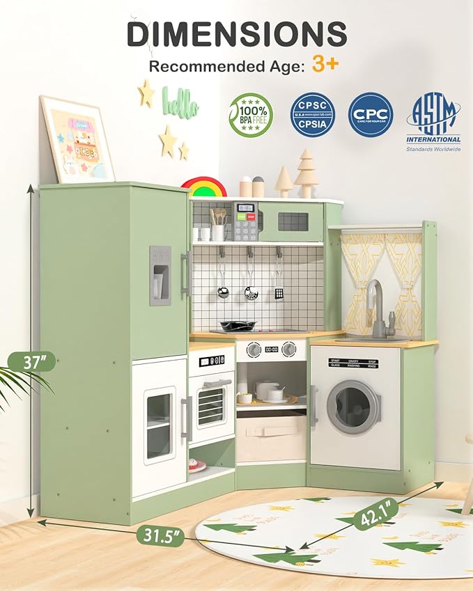 Babytronic Corner Wooden Play Kitchen Set for Kids w/Lights & Sounds, Pretend Play Kitchen Playset with Stove, Microwave, Ice Maker & Accessories, Perfect for Toddlers & Multiple Children (Green)