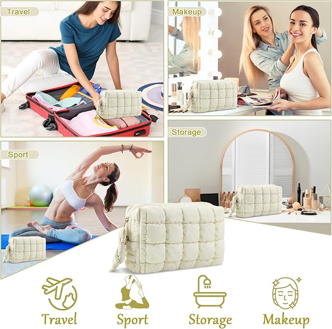 Puffer Quilted Makeup Bag Cosmetic Bags,Puffy Travel Toiletry Pouch for Women,Cute Checkered Zipper Bag Travel Essential,Portable Aesthetic Make up Organizer Bag for Gifts Work Daily(Beige,M)
