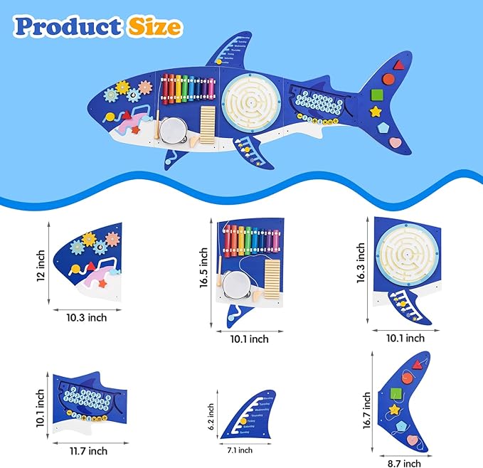 Weihnacht Shark Activity Wall Busy Board Panels,11-in-1 Montessori Sensory Toys, Toddler Learning Activity Center,Wooden Learning Toy Ideal Furniture for Playroom & Children's Daycare
