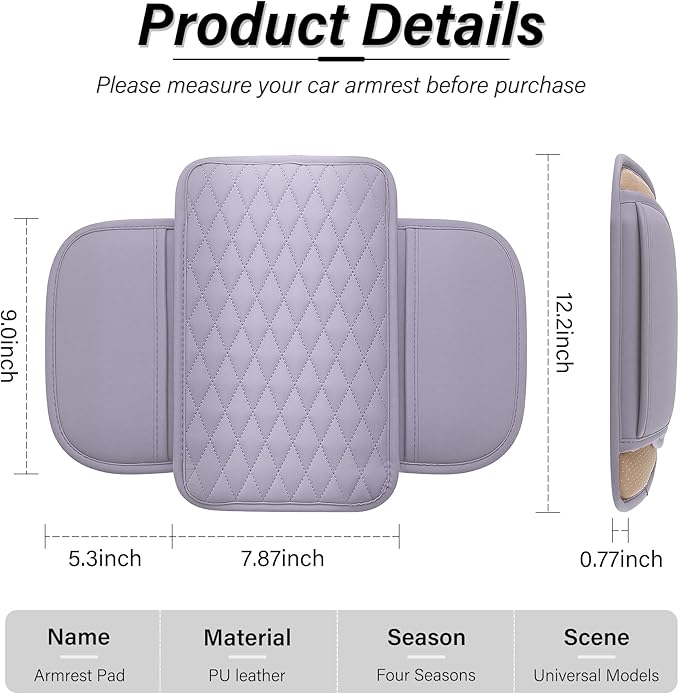 Amiss Car Center Console Cover, Upgraded Leather Car Armrest Cushion with 2 Storage Pockets, Universal Waterproof Cushion Pad, Non-Slip Car Interior Accessories, Fits Most Sedans SUVs Trucks (Purple)