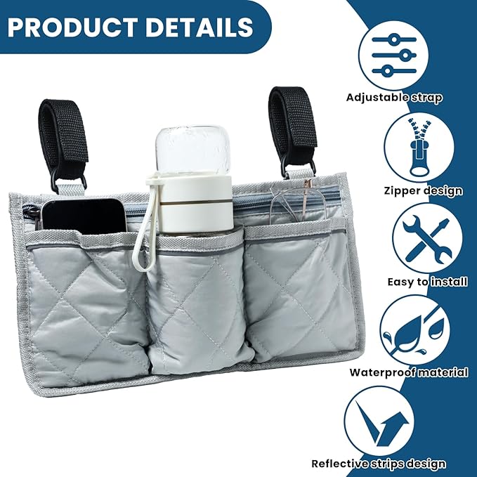 2 Pack Wheelchair Side Bag, Armrest Pouch with Reflective Stripe, Detachable Rollator Bag Wheelchair Pouch Side Pocket Organizer Bags for Wheelchairs, Walkers or Rollators (Black Gray)