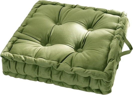vctops Square Solid Color Velvet Seat Cushion with Handle Tufted Thicken Chair Pad Tatami Floor Pillow Cushion 16.5"x16.5"x4" Grass Green