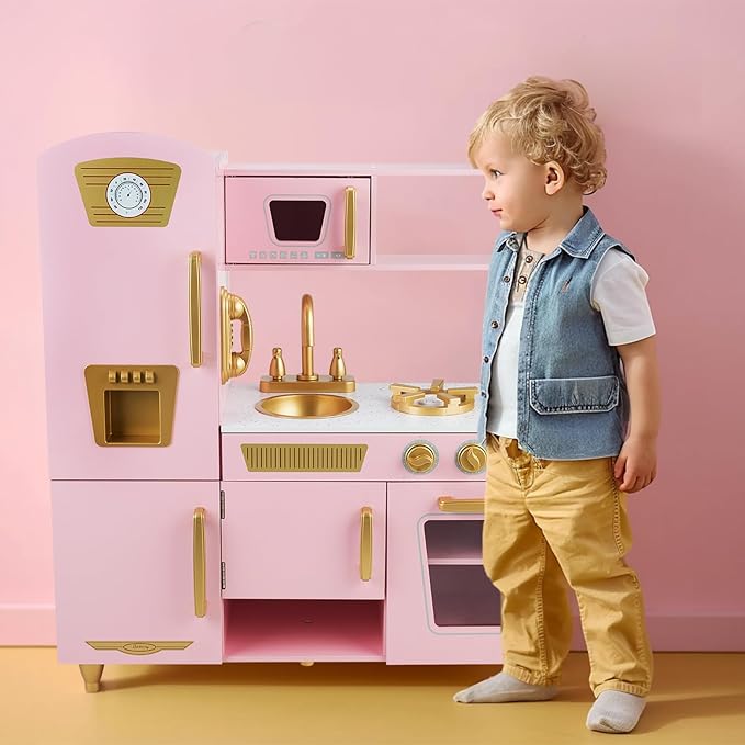 Kitchen Playset for Kids Ages 3-8, Wooden Pretend Play Kitchen, Including Telephone, Ice Maker, Refrigerator, Dimensions: 35” H x 31” W x 12” D (Pink)