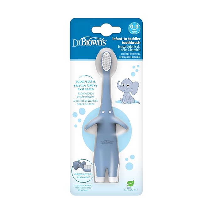 Dr. Brown's Infant-to-Toddler Training Toothbrush, Soft for Baby's First Teeth, Blue Elephant, 0-3 Years