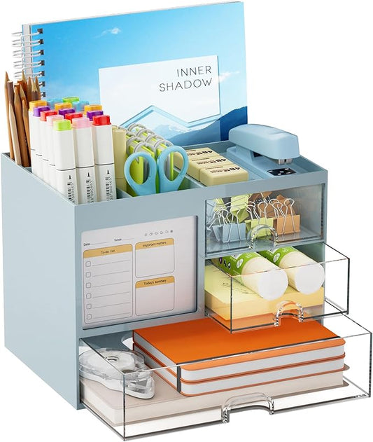 Marbrasse Desk Organizer with 3 Drawer, Multi-Functional Pencil Pen Holder for Desk, Desktop Organizer Storage for Office Home Art Supplies (Blue)