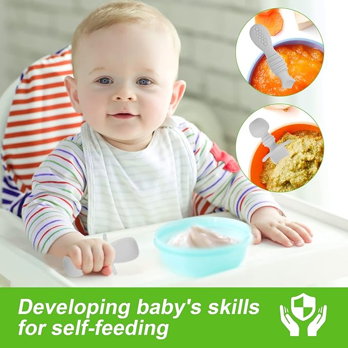 4pcs Silicone Baby Spoons Self Feeding 6+ Months, BPA Free Baby Led Weaning Spoons Training Spoon Toddler Self Feeding Utensils for 6-12 Months Babies (Grey)