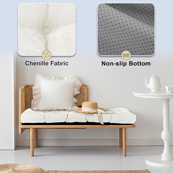 Bench Cushion 36 Inch - Chenille, High-Density Memory Foam, Non-Slip Bottom, Soft Durable Indoor Tufted Long Seat Cushion for Window Garden Furniture (White, 36x14x4 Inch)