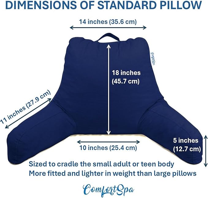 ComfortSpa Reading Pillow for Kids Teens Adult, Back Rest Pillow with Arms, Pockets, Washable Cover; Use as Back Pillow for Bed Sitting Up for Bedrest, Relief from GERD Heartburn (Standard Blue)