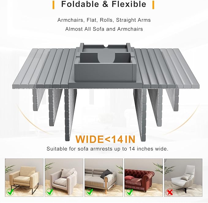 Bamboo Couch Armrest Table, Sofa Arm Tray with Detachable Couch Cup Holder- 2 in 1 Anti-Slip Foldable Sofa Armchair Caddy Table for Drinks Cellphone TV Remote Snacks (Gray)