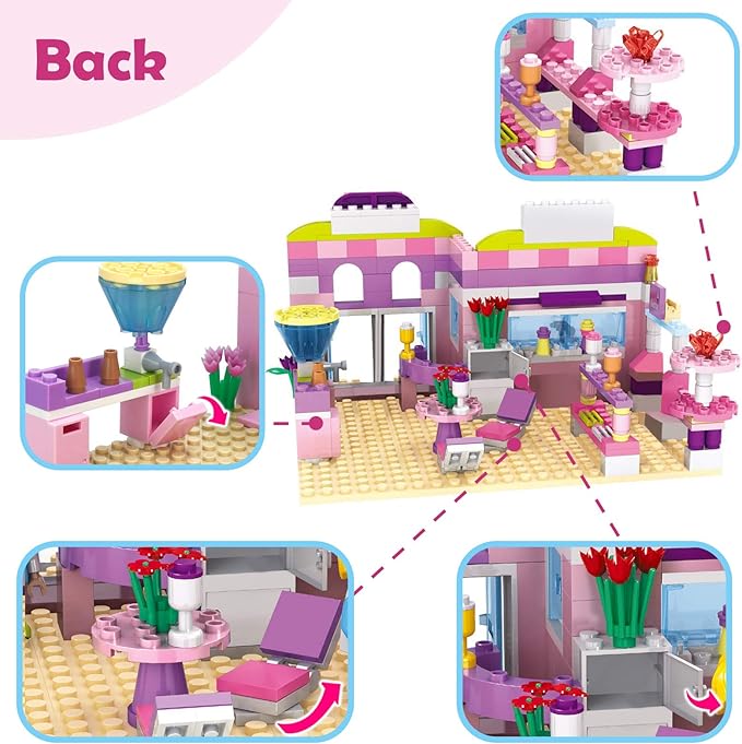 BRICK STORY Girls Friends Ice Cream Shop Building Set Pink Beach Ice Cream Dessert Store Building Blocks Toys with Beach Buggy Friends Beach Vacation Playset for Kids 6-12, 317 Pieces