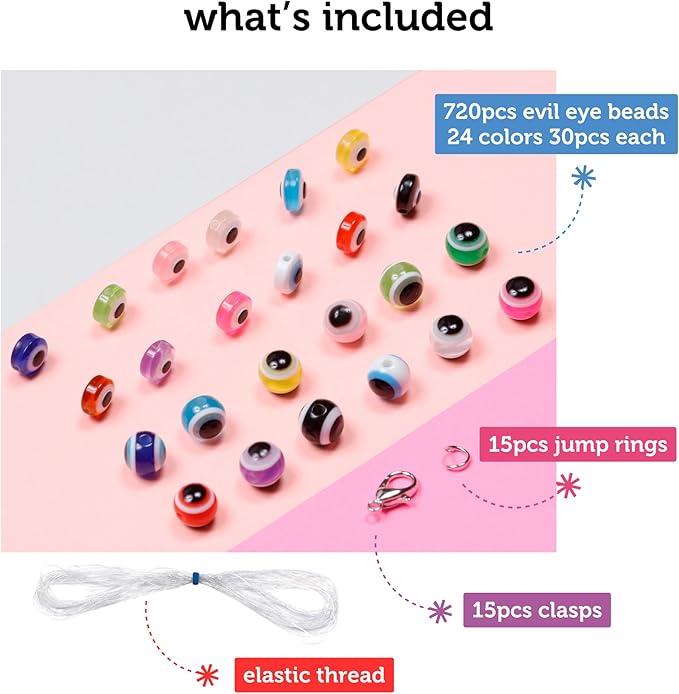 Incraftables Evil Eye Beads for Jewelry Making (24 Colors). Best Evil Eye Bracelets kit (720pcs). Round Glass Beads for DIY Charms & Necklace with Elastic String & Clasps