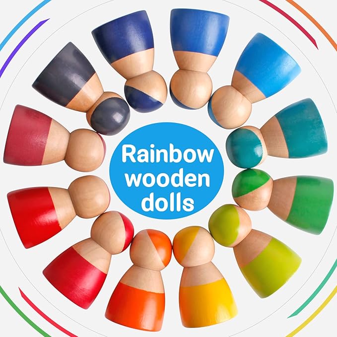 SHIERDU 12 PCS Rainbow Wood Peg Dolls Wooden Pretend Play People Figures for Toddlers Preschool Learning Educational Toys Wooden Toddler Toys for Boys Girls