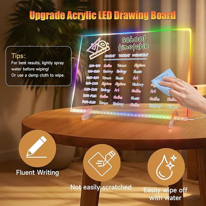 LED Note Board with Colors-Light Up Acrylic Dry Erase Board with 6 Modes & 8 Colors,13.7"X10" Include 7 Markers, Hanging Chain, Battery Case, Led Writing Board with Battery Pack for Home/Office/Decor