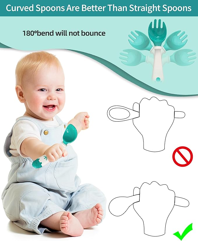 Deejoy Toddler Utensils with Travel Safe Case, Silicone Baby Spoons and Fork Set for Self Feeding, Toddlers Feeding Training Spoon, Easy Grip Heat-Resistant, Bendable Function (2 Sets, Green&Pink)
