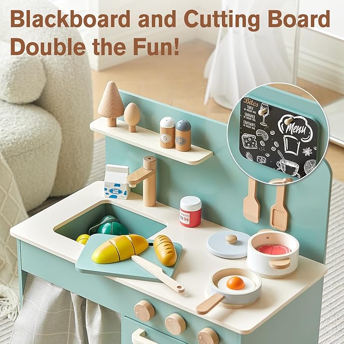 Giant bean Play Kitchen, Nordic Wooden Kitchen Playset Toy for Kids with Cookware Accessories, Pretend Play Cooking Food Set for 3+ Year Old Toddler Boys Girls