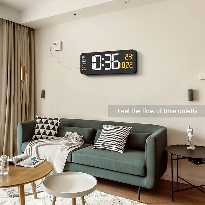 16.2" Large Digital Wall Clock with LED Display, Remote Control, Automatic Brightness Dimmer, Big Clock with Date, Week, Temperature, Orange