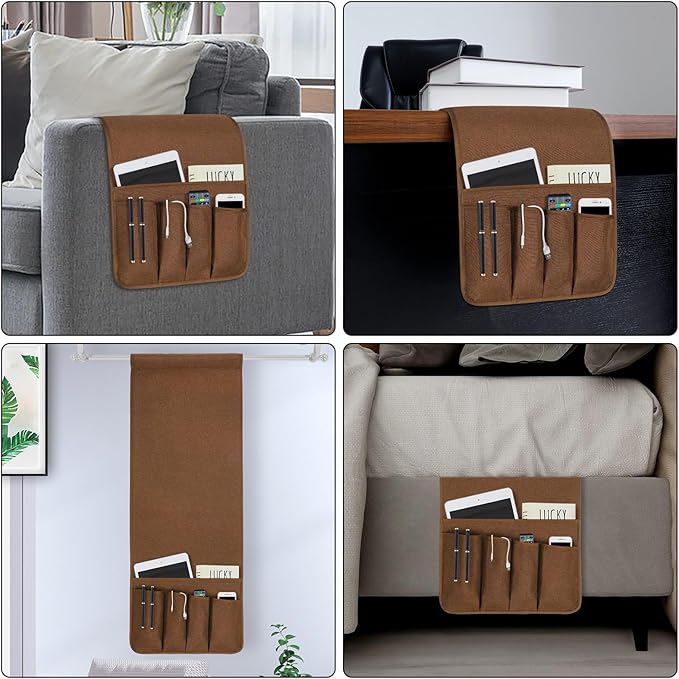 NB Sofa Armrest Organize remote holder bedside caddy organizer with 5 pockets，non-slip couch remote control holder couch armchair caddy accessories (Brown, 35"x12.4")