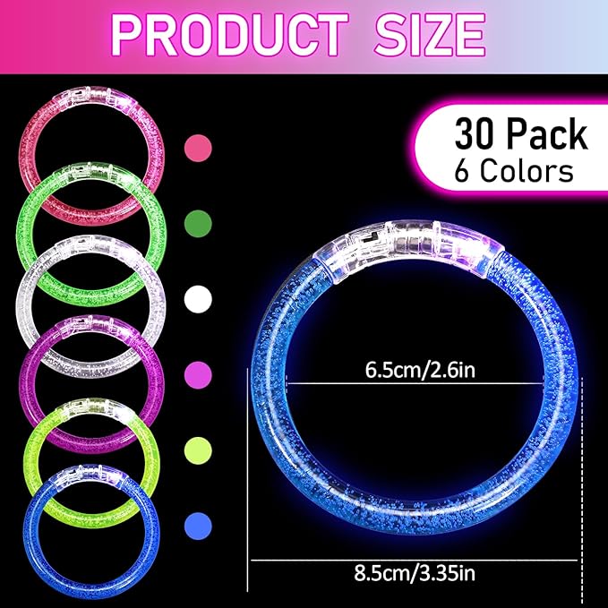 30 Pack Glow Sticks Bracelets,6 Color LED Bracelets,Light Up Bracelets Glow Party Favors for Kids Adults,Glow in the Dark Party Supplies for Birthday,Carnival,Wedding,Halloween,Concert