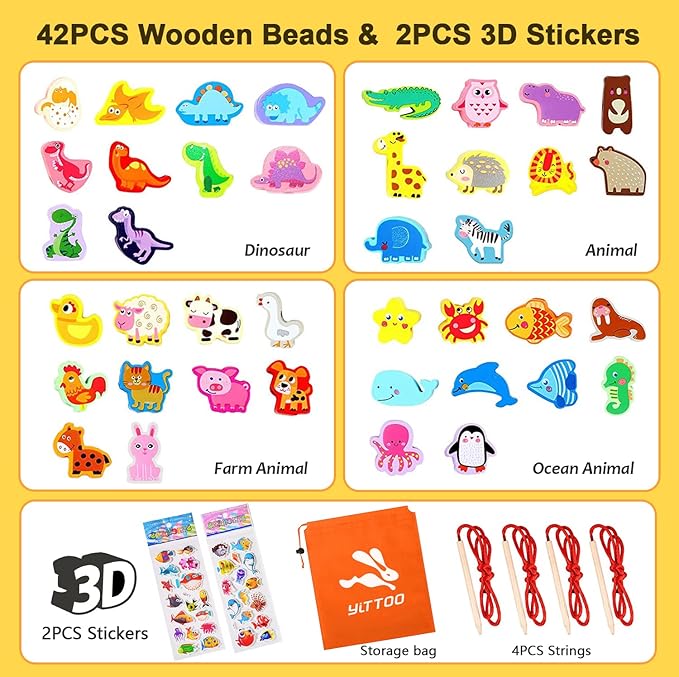Montessori Educational Wooden Lacing Beads Toys for Toddler 3 4 5 Year Old, Farm Animals Dinosaur Fish Threading Toys Preschool Stringing Fine Motor Skills Toy for Boys Girls