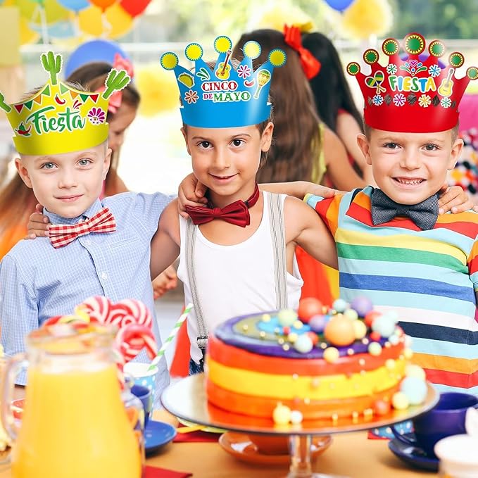 24 Packs Fiesta Cinco De Mayo Mexican Crown for Kids Fiesta Headband DIY Art Craft Cactus Taco Sticker Set Summer Craft Kits for Kindergarten Preschool Home Classroom Game Activities Party Favors