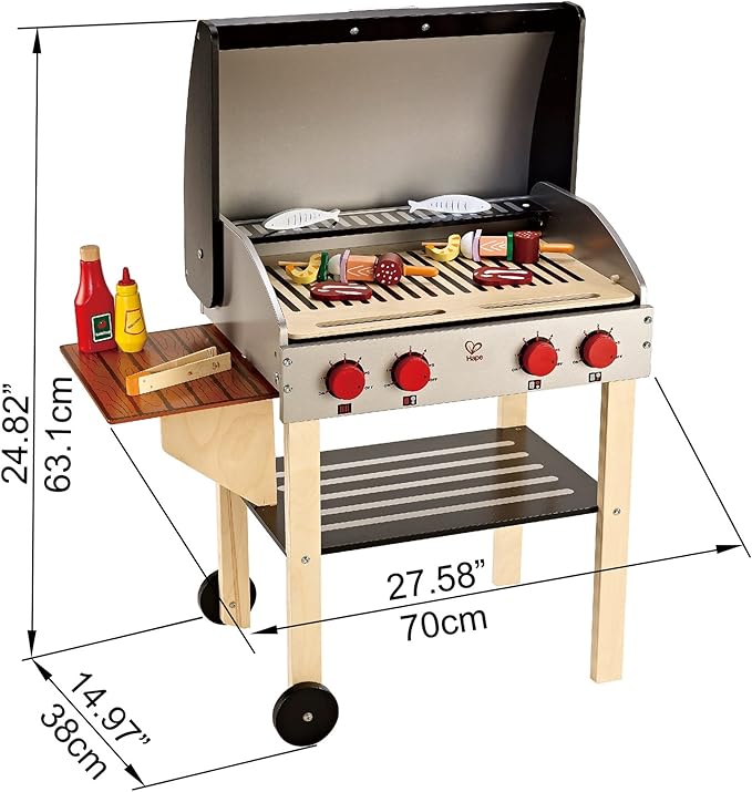 Hape Wooden Gourmet Grill and Shish Kabob| Pretend Playset Cooking Sets with Play Food for Kids