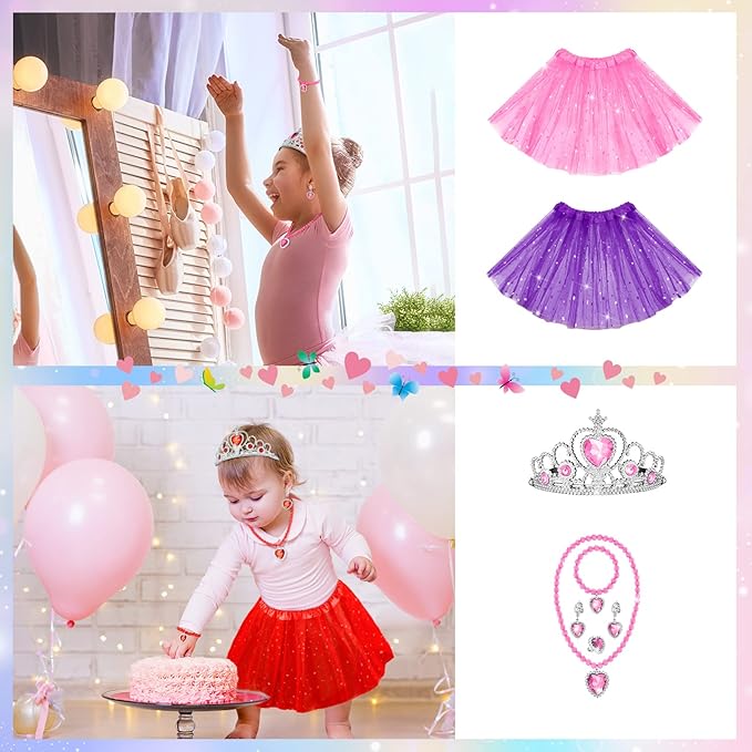 70 Pcs Princess Tutu Crown Dress up Accessories Princess Jewelry Pretend Play Set Tutu Skirts Crowns Adjustable Jewel Necklaces Rings Earrings Bracelets for Girls Christmas Birthday Party Favors