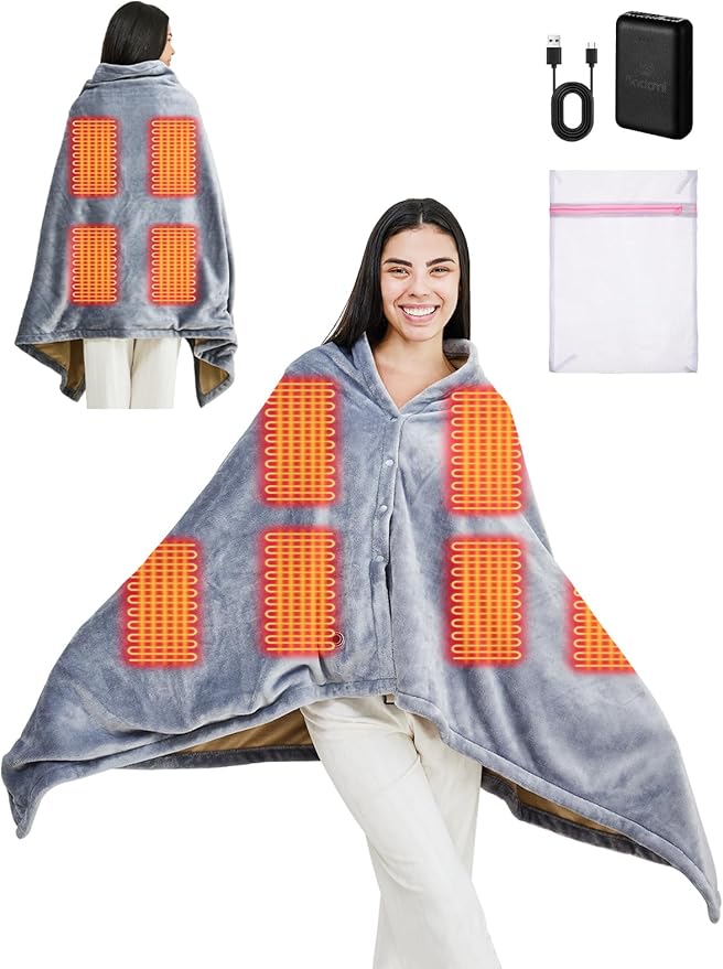 Bodami USB Heated Electric Blanket,with 10000mAh Power Bank,Cordless Portable Wearable Heated Throw Blanket,3 Heating Levels,8 Heating Zones,65''*34'' for Home,Travel and Camping