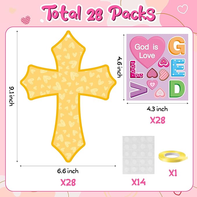 Haooryx Valentine's DIY Craft Kit - 28 Pack Valentine’s Day God is Love Cross Craft Kit Make Your Own Thankful Cross Hanging Ornament Religious Sunday School Church Christian Party Fun Activities
