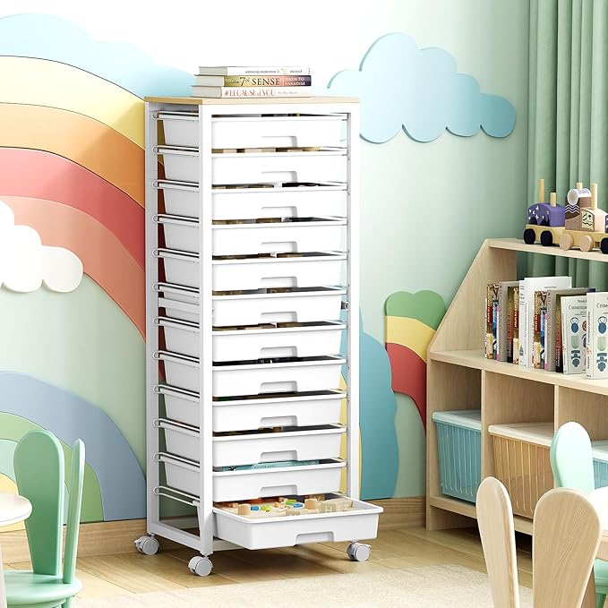 Rolling Cart with Drawers,12 Drawer Rolling Cart,Rolling storage cart with drawers,White Rolling Drawer Cart,Teacher Rolling Cart for Classroom Storage,Craft Cart with Wooden Tabletop