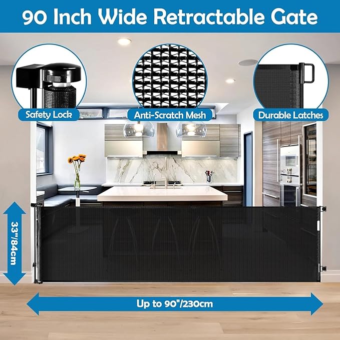 90 Inch Retractable Baby Gates Extra Wide Dog Gate Outdoor Retractable Gate Indoor Long Baby Gate Extra Wide Baby Gates for Large Openings Retractable Dog Gate Retractable Pet Gate for Doorway, Black