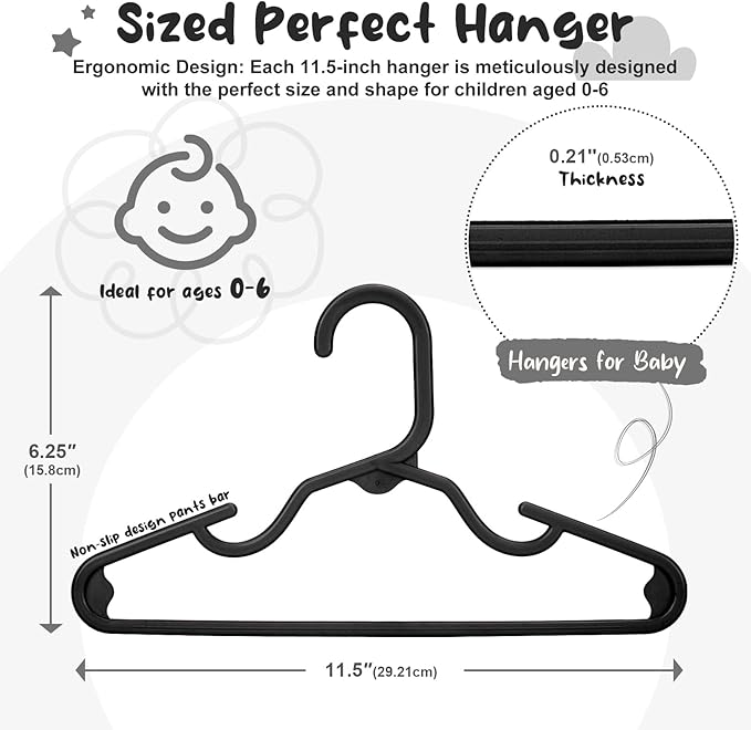 HOUSE DAY Premium Baby Hangers 20 Pack, 11 Inch Kids Plastic Hangers Black, Slim Childrens Hangers for Infant, Toddler, and Child Clothes, Durable Baby Clothes Hangers for Closet