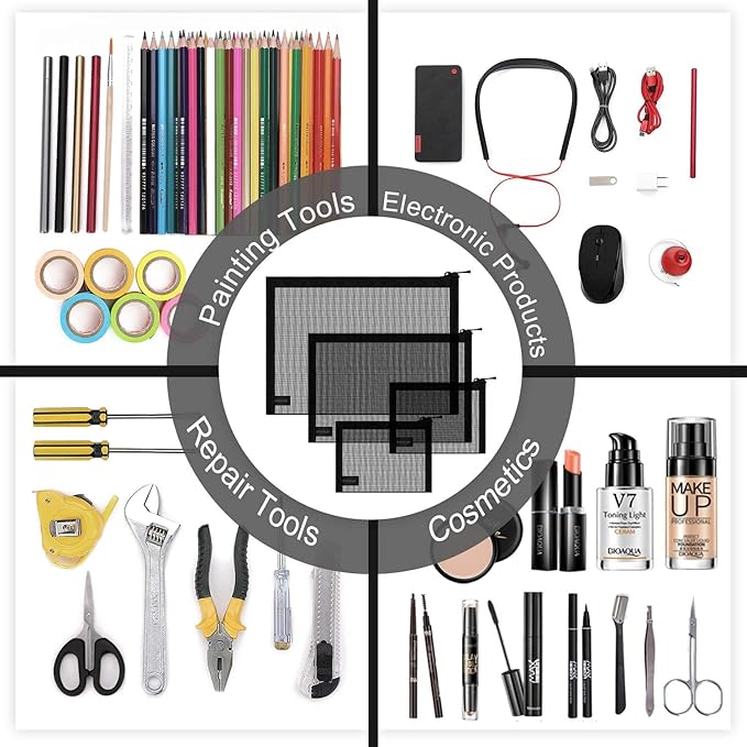 EASYFUN Mesh Pouch, Make up Bag with Zipper Cosmetic Organizer Pouch for Daily or Travel to Keep Small Items, 4 PCS Black