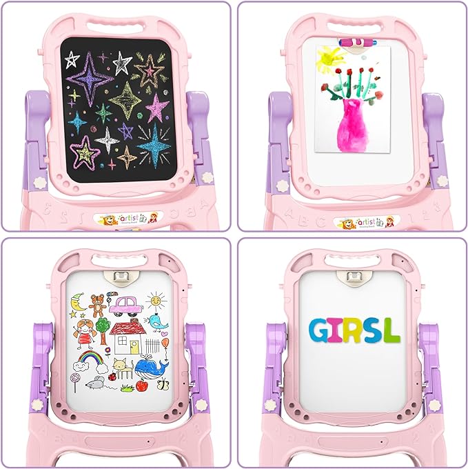 Kids Art Easel, Adjustable Drawing White Board & Chalk Board, Toddler Standing Easel with Painting Accessories, Gift for Girls Boy (Pink)