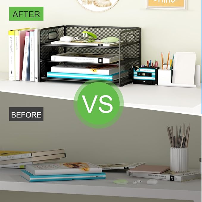 3 Tier Paper Letter Tray Organizer for Desk, Mesh File Folder Document Organizer with Handle for Home Office Supplies Desktop Accessories, Black