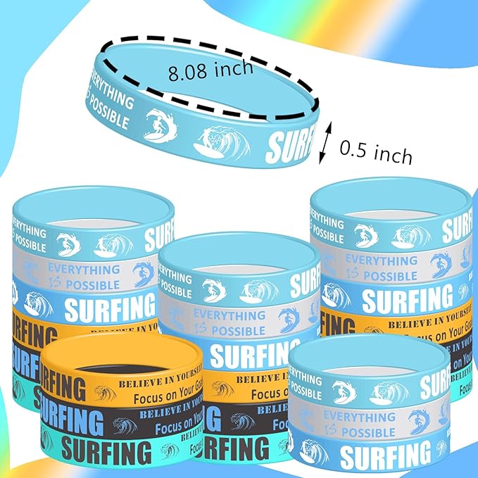 48PCS Surfs Up Party Rubber Bracelets, Summer Surf Themed Birthday Party Supplies Decorations Surf's Up Gifts Prize Goodie Bag Favors Surfing Silicone Wristbands
