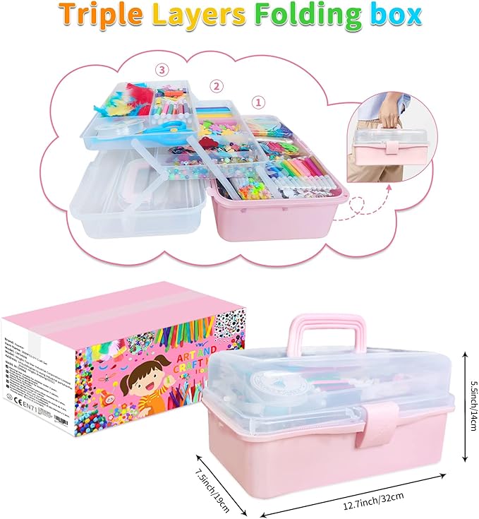 Itopstar 3000 Kids Arts and Crafts Supplies for Kids Girls Crafting Supply in 3 Layered Plastic Art Box All in One Kids Ages 4 5 6 7 8 9 10 11 & 12 Year Old Girls & Boys Crafting Supply Set
